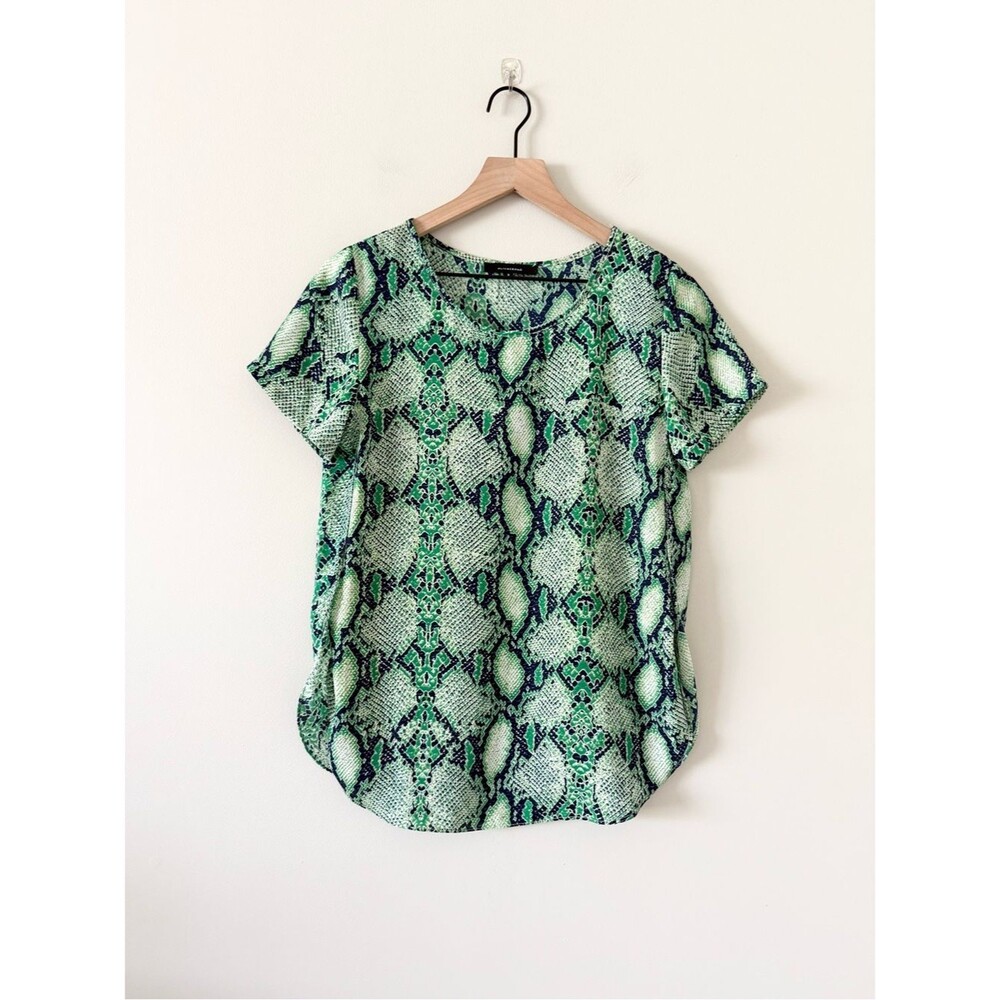 Olivaceous Green &Navy Snakeskin Print Short Sleeve Blouse Split Hem Size S